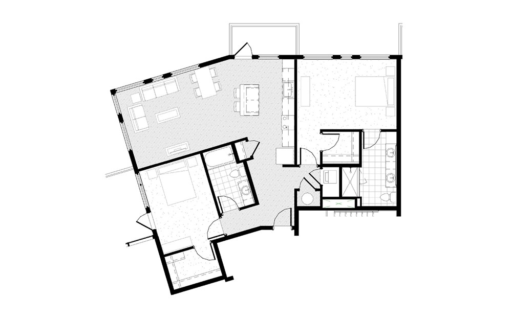 B18 - 2 bedroom floorplan layout with 2 baths and 1292 square feet.